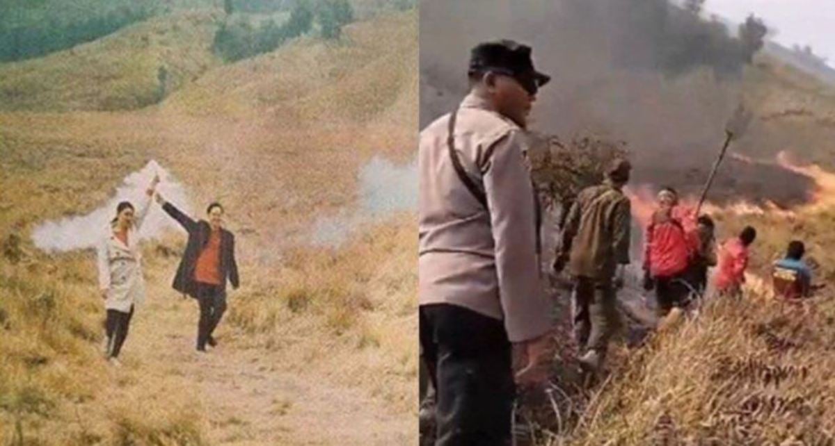 PENGGAMBARAN praperkahwinan oleh pasangan yang menyalakan suar (gambar kiri)  dan mengakibatkan padang rumput serta sekitarnya seluas 50 hektar terbakar (gambar kiri). FOTO Agensi