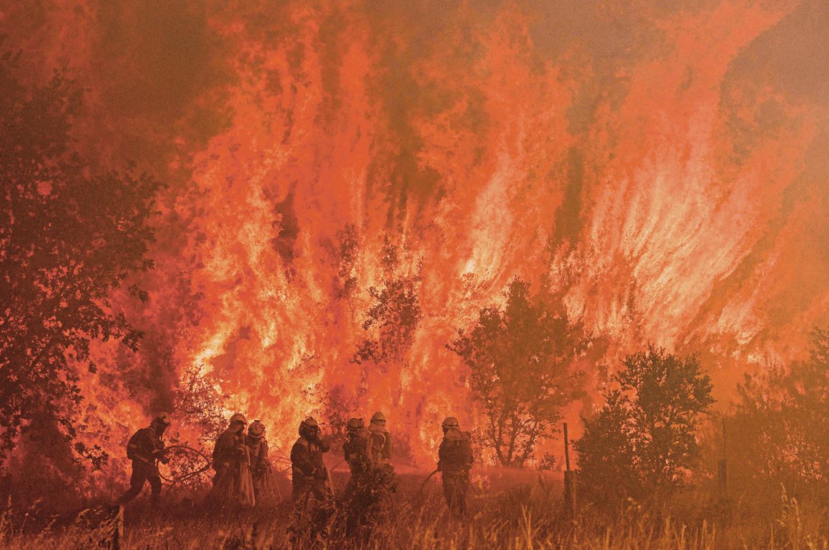 BOMBA memadam kebakaran di Pumarejo de Tera berhampiran Zamora, utara Sepanyol, pada 18 Jun. Cuaca panas menyebabkan gelombang haba dan banjir yang membunuh 195,000 orang di Eropah sejak 1980. FOTO fail AFP 