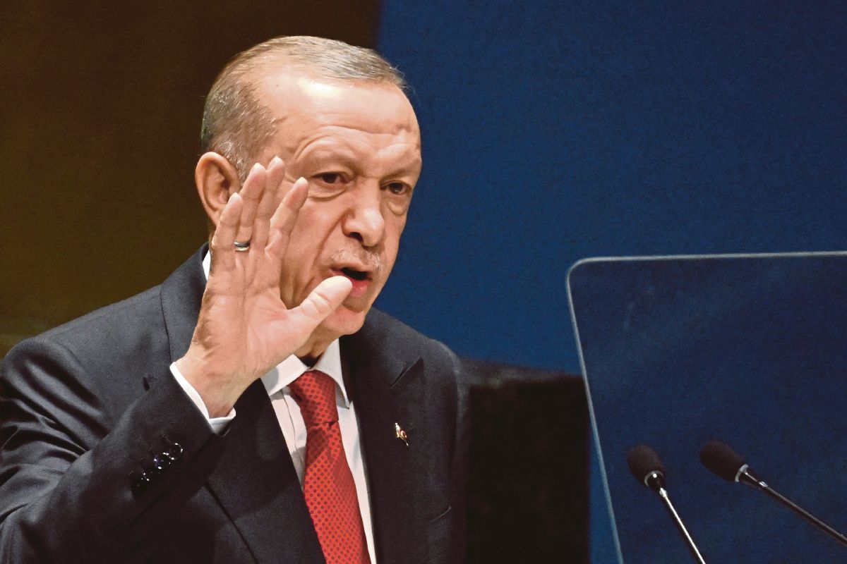 Presiden Turkiye Recep Tayyip Erdogan ketika berucap di perhimpunan PBB. 