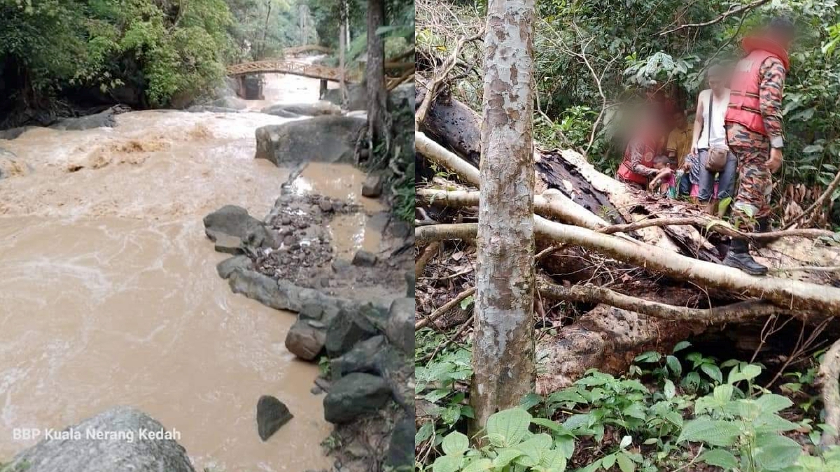 BOMBA membantu mangsa yang terperangkap dalam kejadian ‘kepala air’ di Hutan Lipur Puncak Janing. FOTO Ihsan Bomba