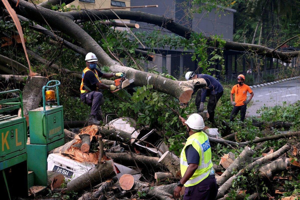 Pokok tumbang yang memnghempap sebuah kereta dan sebuah motosikal di hadapan Muzium Negara di Jalan Travers, Kuala Lumpur menuju ke ibu kota pada 27 Mei. FOTO Mohd Yusni Ariffin