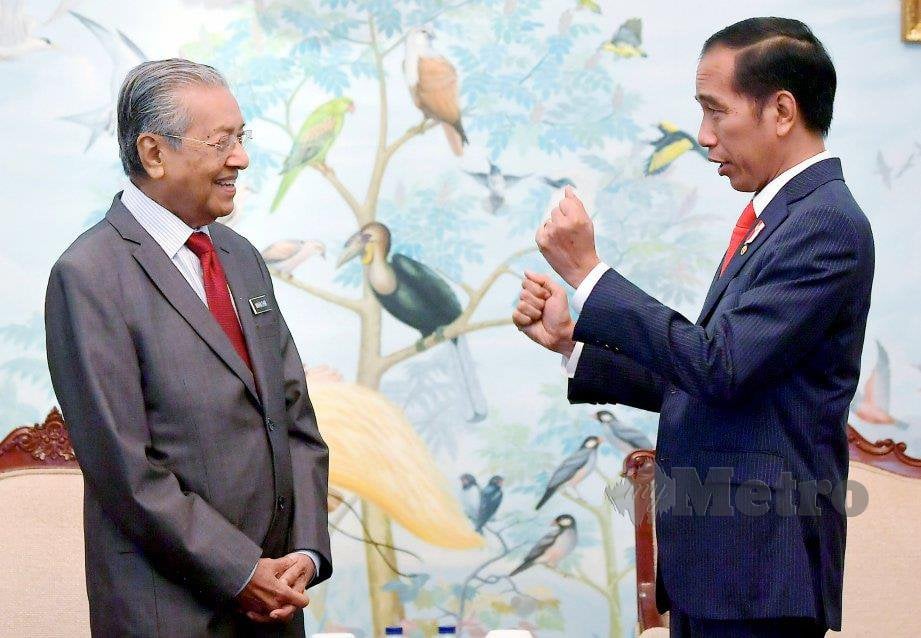 DR Mahathir (kiri) berbual bersama Joko Widodo (kanan) ketika lawatan ke Jakarta, tahun lalu. FOTO Bernama