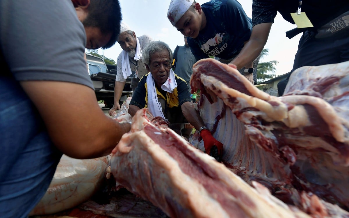 PENDUDUK setempat bergotong royong melapah daging lembu ketika tinjauan di Masjis Al-Azhariah Seksyen 18 Shah Alam. FOTO Bernama 