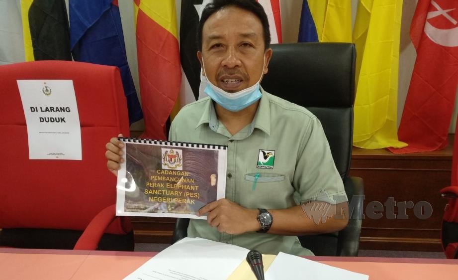  Abdul Kadir Abu Hashim menunjukkan buku cadangan pembinaan Santuari Gajah Perak kepada media di Dewan Mesyuarat Pejabat Tanah dan Daerah Gerik petang tadi.