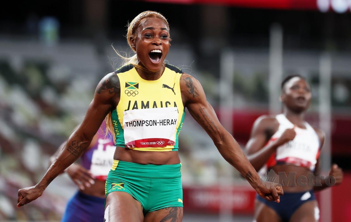 PELARI Jamaica, Elaine Thompson-Herah menang pingat emas 100m wanita di Tokyo 2020, hari ini. FOTO EPA 