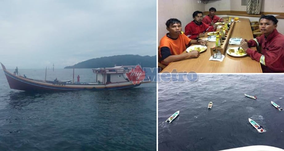 Dari kiri, bot yang dipercayai karam bersama tujuh pemancing yang masih belum ditemui dan lima pemancing yang menaiki lima bot kecil  yang diselamatkan bot pembekal dekat Labuan, Sabah, semalam. - Foto Ihsan APMM