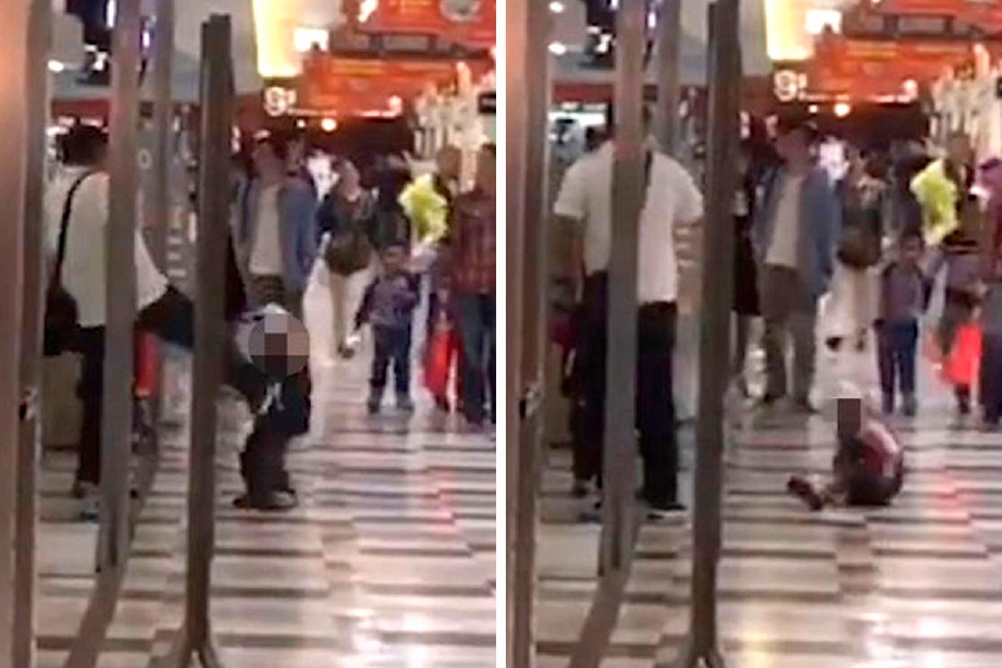 KLIP rakaman video seorang bapa menendang dada anaknya di pusat membeli-belah. FOTO Asiawire