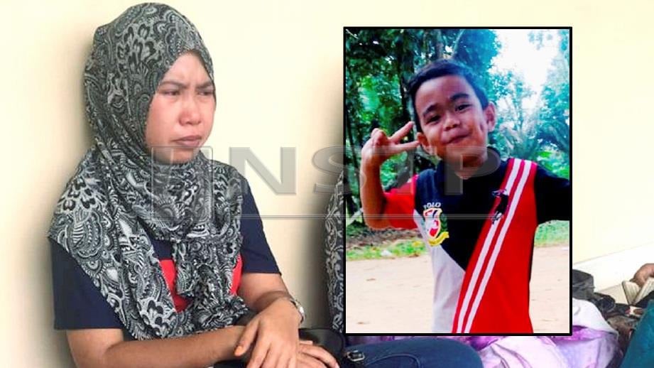 FAZILLAH Ahmad, 34, (kiri) menunggu proses bedah siasat anaknya, Aidil Ashraff Rizuan, 5, (gambar kecil) yang maut dalam kemalangan di KM140 Jalan Kuantan-Johor Bahru, Rompin. FOTO Amin Ridzuan