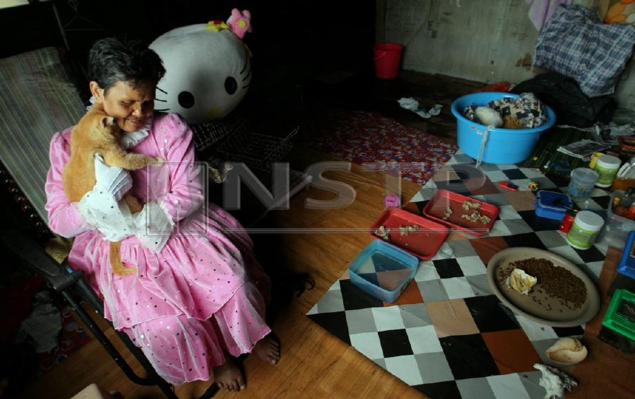 Siti Endon membelai kucing jagaannya. FOTO Farizul Hafiz Awang
