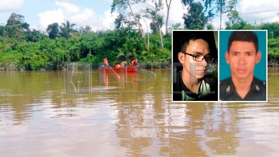 PASUKAN mencari dan menyelamat Wan Mohamad Ariff  (gambar kecil, kanan) dan suspek yang terjatuh di Sungai Durian Mentangau. (Gambar kecil, kiri) Wan Mohamad Zulhakimi. FOTO Rosli Ilham