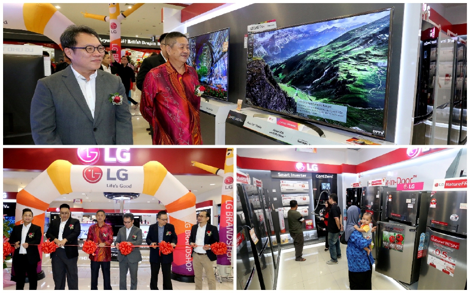 Kim Kyutae (kiri) bersama Kua (kanan) melihat barang elektrik selepas merasmikan pembukaan outlet baharu LG Elektronics di Mydin Mall Pelangi Indah, Ulu Tiram, Johor Bahru. FOTO Zain Ahmed