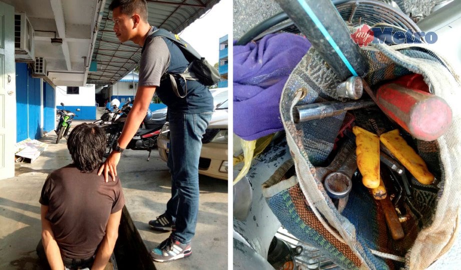 SUSPEK dan peralatan yang dipercayai digunakan untuk mencuri motosikal. FOTO Ahmad Ismail