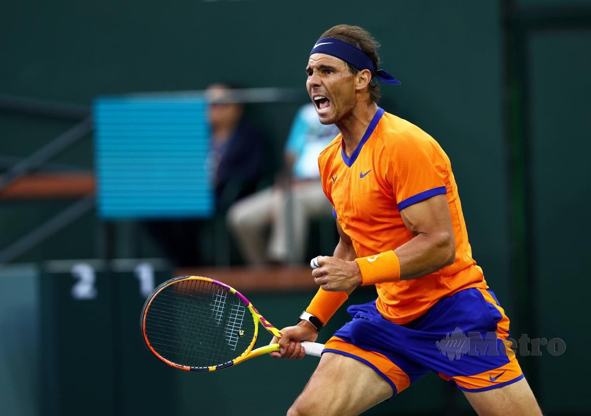 SELANGKAH buat Nadal untuk julang kejuaraan Indian Wells Masters. FOTO AFP 