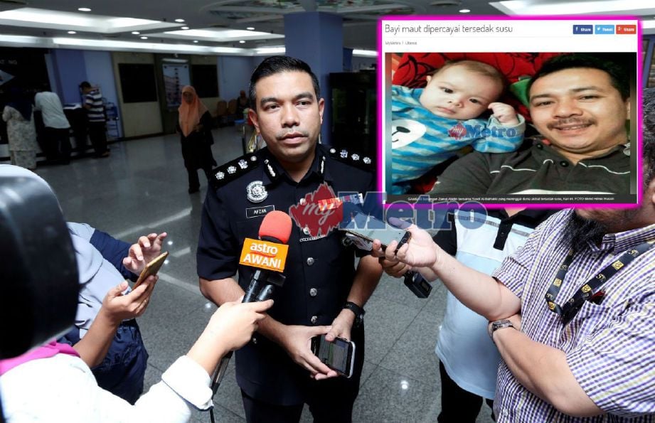 SIDANG media Ketua Polis Daerah Melaka Tengah, Asisten Komisioner Afzanizar Ahmad (tengah) berkenaan isu bayi empat bulan dipercayai meninggal dunia akibat tersedak susu di sebuah taska di Bukit Baru. Foto NSTP/KHAIRUNISAH LOKMAN