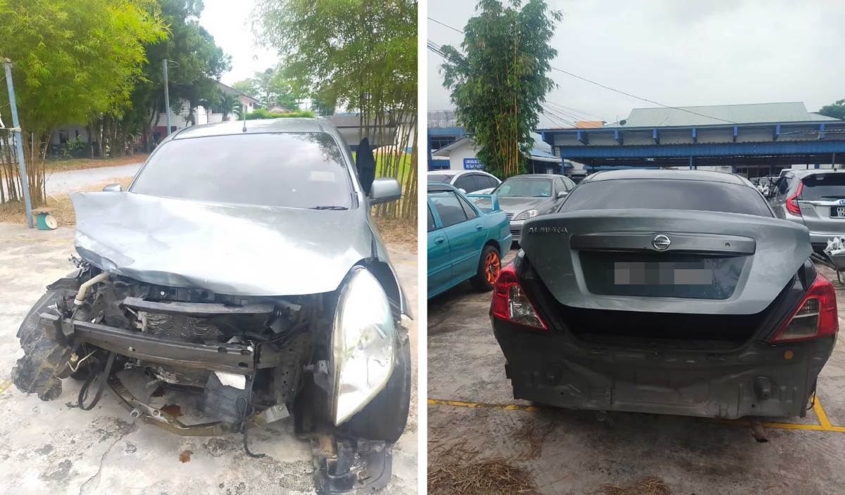 KERETA Nissan Almera yang membawa daun ketum rosak teruk selepas terbabit kemalangan dengan Perodua Viva. FOTO Ihsan PDRM