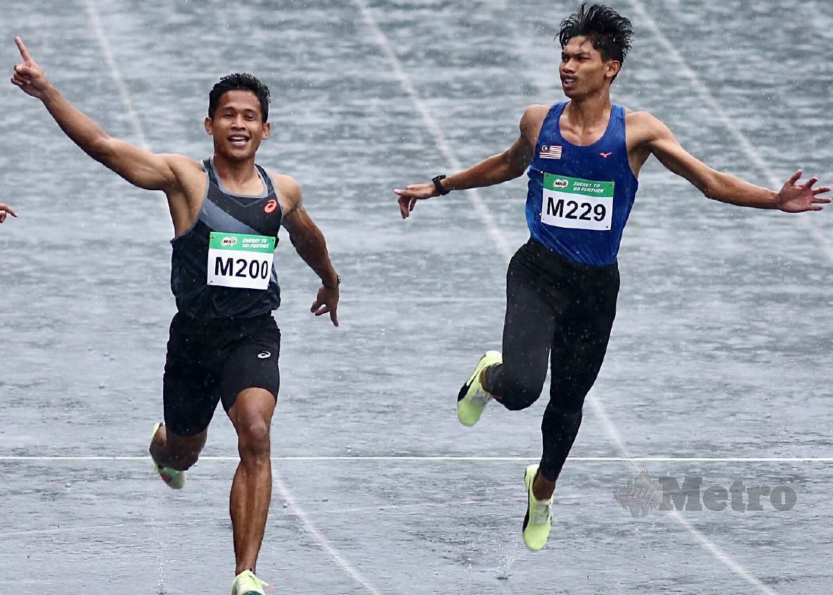 Haiqal Hanafi (tengah) memenangi 100m pada kejohanan Olahraga Terbuka Malaysia di Mini Stadium MSN, Bukit Jalil. -FOTO Fathil Asri 