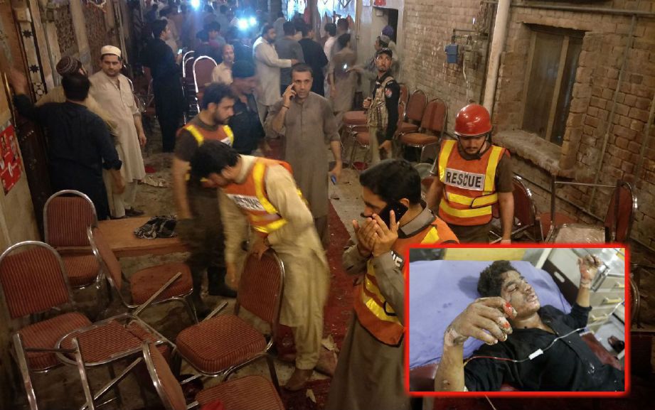 KEADAAN lokasi selepas insiden letupan di Peshawar yang mengorbankan 13 orang. (Gambar kecil) Keadaan mangsa yang cedera. Foto/EPA-EFE