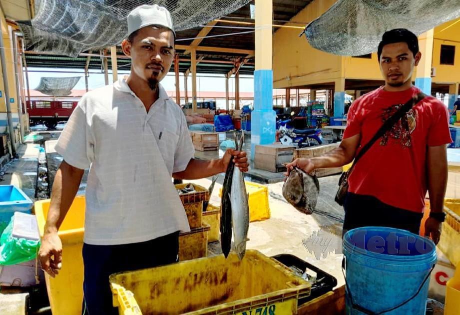 Rosli (kiri) bersama Mohd Jefri menunjukkan ikan tenggiri dan bawal yang mendapat permintaan tinggi di Kompleks LKIM  Kuala Besut, hari ini. Foto Nurul Fatihah Sulaini