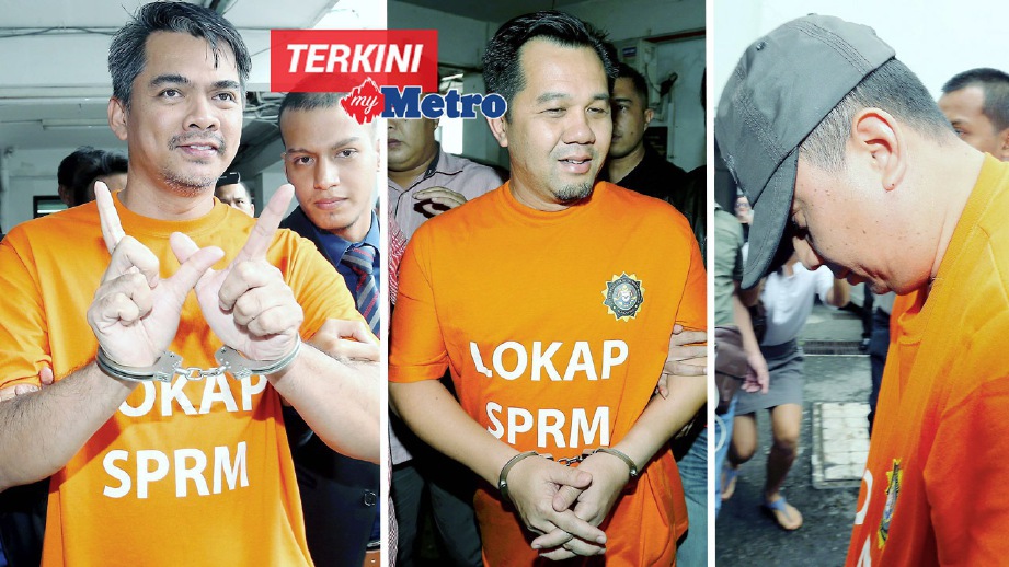 (DARI KIRI) Mohd Azis, Jamawi  dan Ariffin diiringi ke Mahkamah Majistret Kota Kinabalu. FOTO Izhari Ariffin