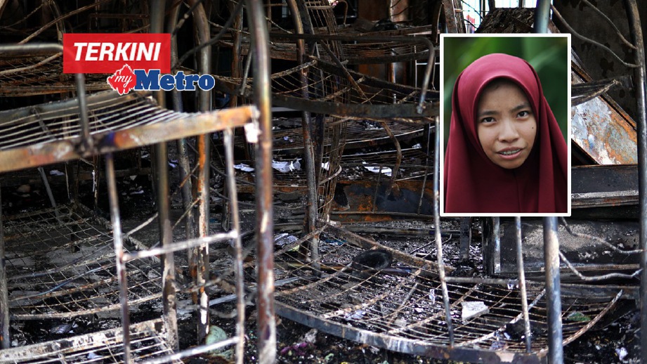 KEADAAN asrama perempuan yang terbakar. (Gambar kecil) Nurul Syazana. FOTO Hazreen Mohamad