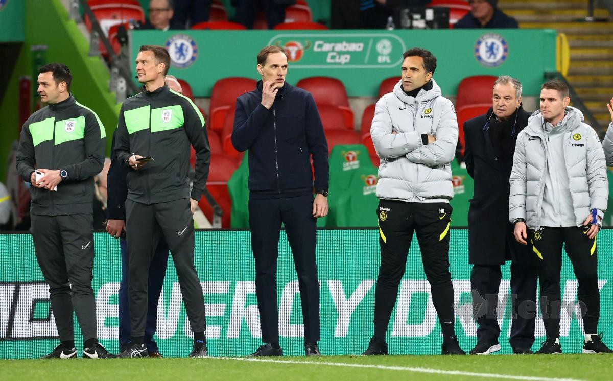 TUCHEL (tengah) pada perlawanan akhir Piala Liga menentang Liverpool. -FOTO Reuters