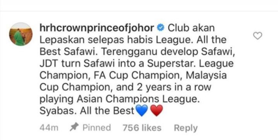 TUNKU Ismail turut memberikan ‘kredit’ kepada Terengganu yang berjaya melahirkan pemain seperti Safawi FOTO Ihsan Instagram Officialjohor