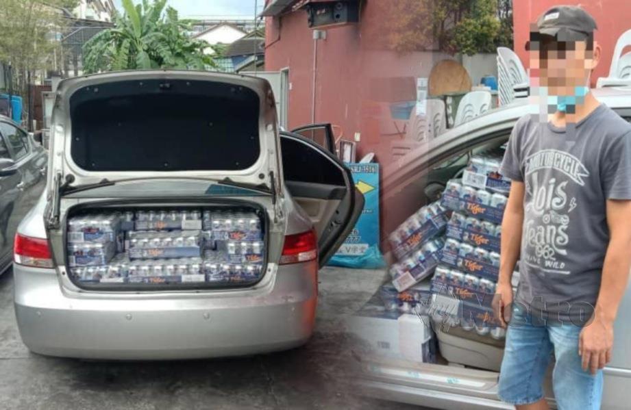 LELAKI berusia 48 tahun ditahan bersama 525 karton arak seludup dalam dua serbuan di sekitar Johor Bahru. FOTO IHSAN PPM