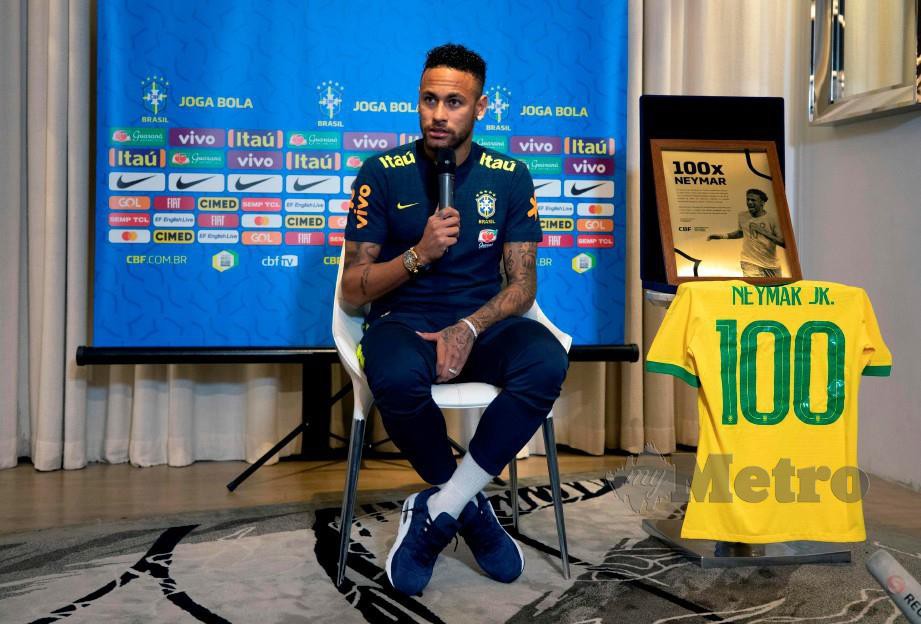 Bintang Brazil, Neymar membuat penampilan ke 100 bersama Brazil. FOTO AFP 
