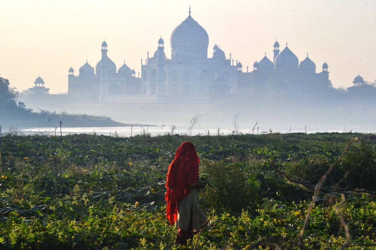 WANITA meninjau tanamannya di tebing Sungai Yamuna, tidak jauh dari Taj Mahal di Agra. FOTO AFP