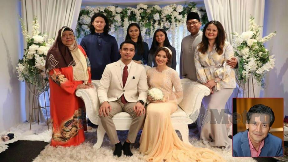 ZAHIRAH dan Aiman bersama keluarga masing-masing pada majlis pertunangan mereka. (Gambar kecil) Zainol Macwilson. FOTO Arkib NSTP dan Instagram Zahirah Macwilson