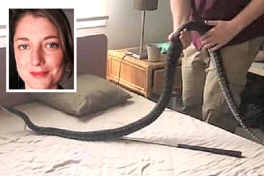 SALLY (gambar kecil) tidak menyedari seekor ular sawa berada dalam biliknya. FOTO Dailymail