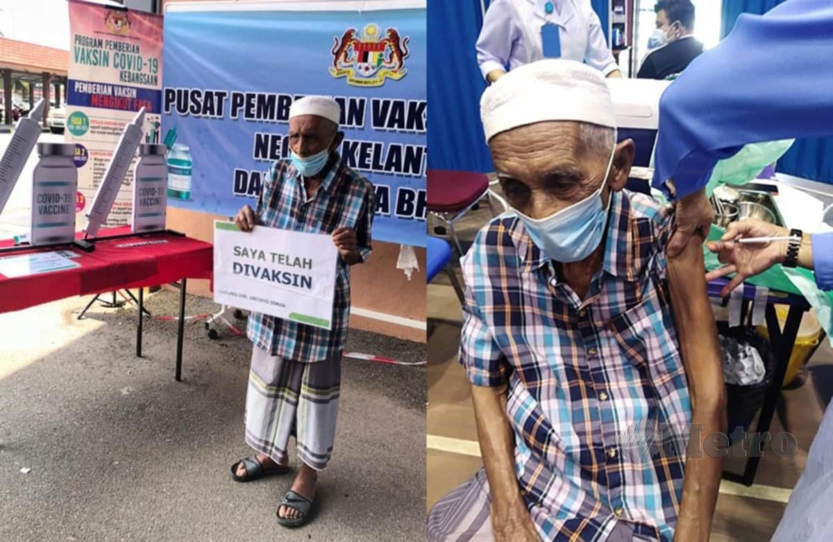 Jaafar Awang Mat, 105, dari Kampung Pulong, Kubang Kerian, mengambil suntikan vaksin COVID-19 Ahad lalu. FOTO IHSAN PEMBACA