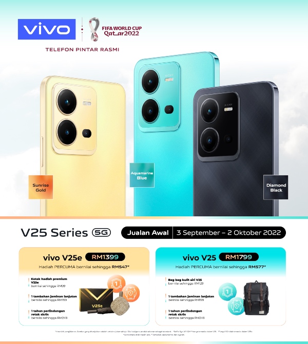 Model siri vivo V25 memiliki tiga warna iaitu Sunrise Gold, Diamond Black serta warna tambahan iaitu Aquamarine Blue. - FOTO vivo.