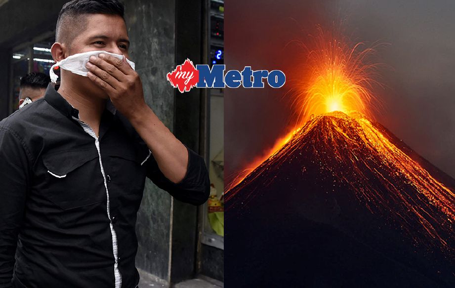PENDUDUK di Bandar Guatemala terpaksa menutup hidung daripada terhidu asap dan abu gunung berapi Fuego. FOTO/AFP 