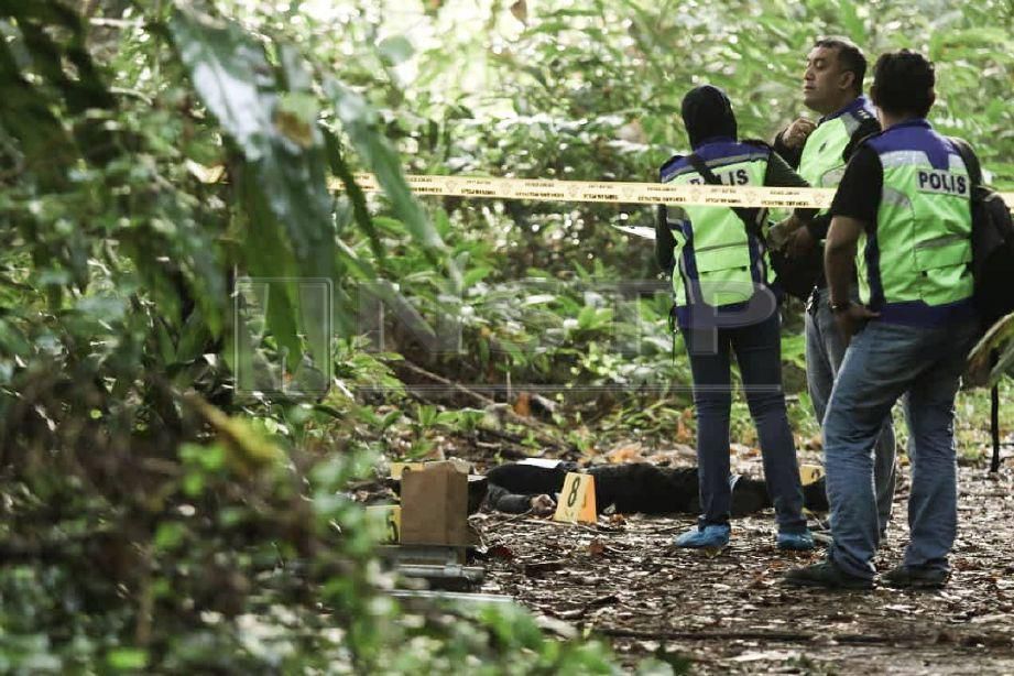 ANGGOTA polis forensik membuat pemeriksaan di lokasi tiga lelaki yang maut ditembak polis dalam hutan di Puncak Bukit Mutiara, Tanjong Bungah, Pulau Pinang. FOTO Mikail Ong