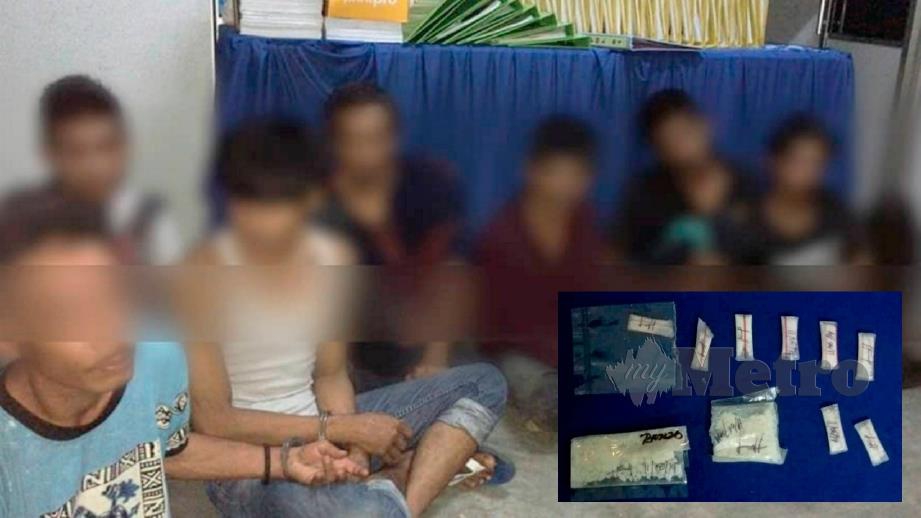 TUJUH lelaki ditahan polis di Kampung Temoyong Mukim Kedawang, Langkawi kerana menghisap dadah. (Gambar kecil) Dadah heroin ditemui dalam serbuan. FOTO IHSAN PDRM