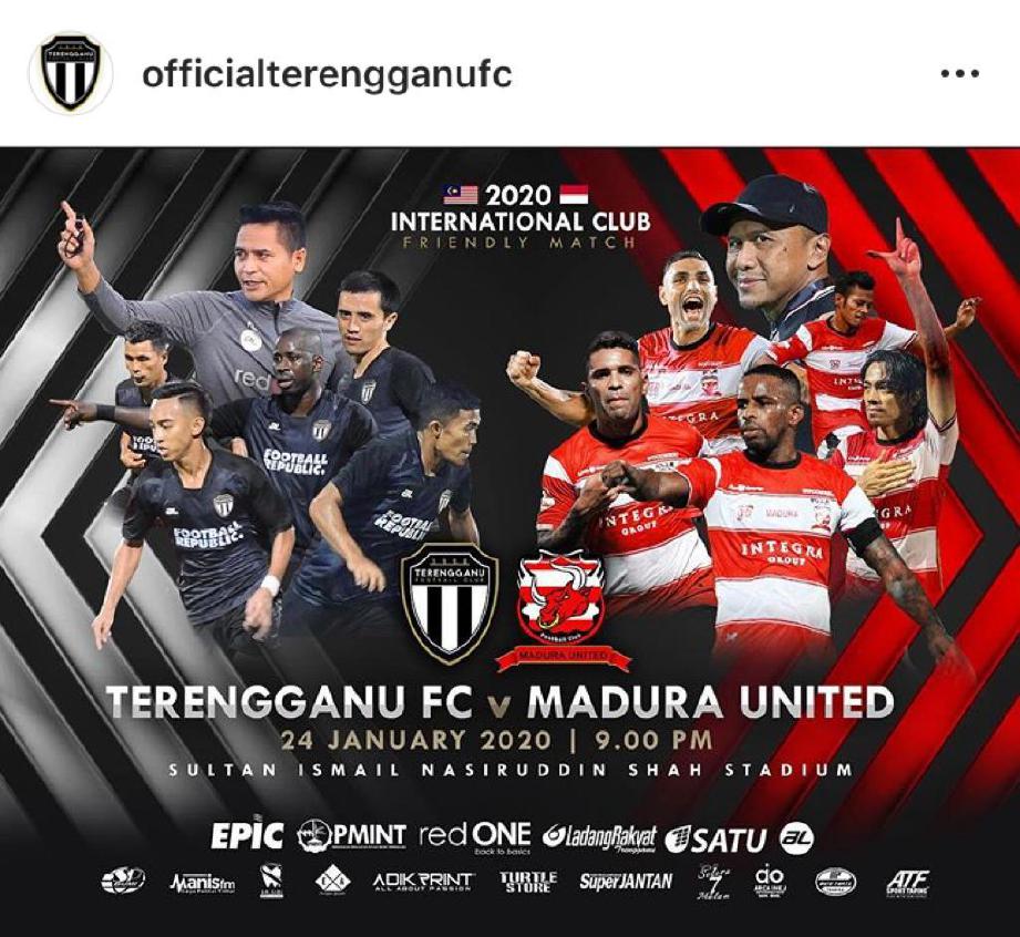 TERENGGANU FC (jersi hitam) bakal bertembung dengan kelab Madura United (Liga Indonesia) di Stadium Sultan Ismail Nasiruddin Shah, Jumaat ini dalam aksi persahabatan pramusim. FOTO Ihsan TFC