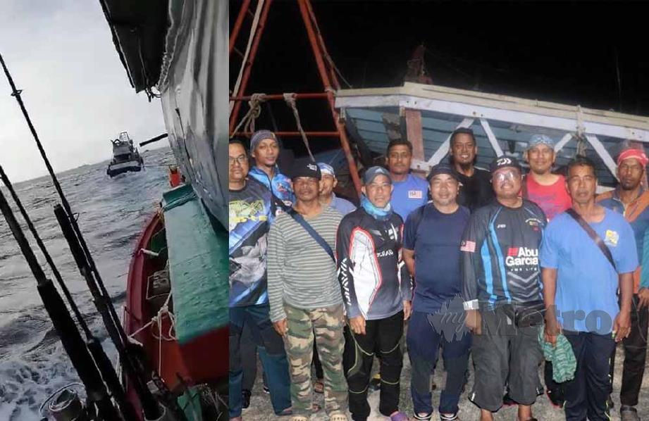 Bot yang mengalami kerosakan bersama 12 pemancing dan pengusaha bot ditunda menggunakan bot Vietnam yang ditahan sebelum itu untuk dibawa ke jeti APMM, Pulau Kambing. FOTO IHSAN APMM