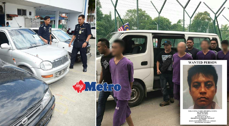 Empat suspek Geng Abon yang berjaya ditahan dan kereta yang digunakan mereka manakala gambar kecil, suspek yang masih diburu, Nazrul Ending, 32. - Foto MOHD RUZAINI ZULKEPLI/Ihsan PDRM