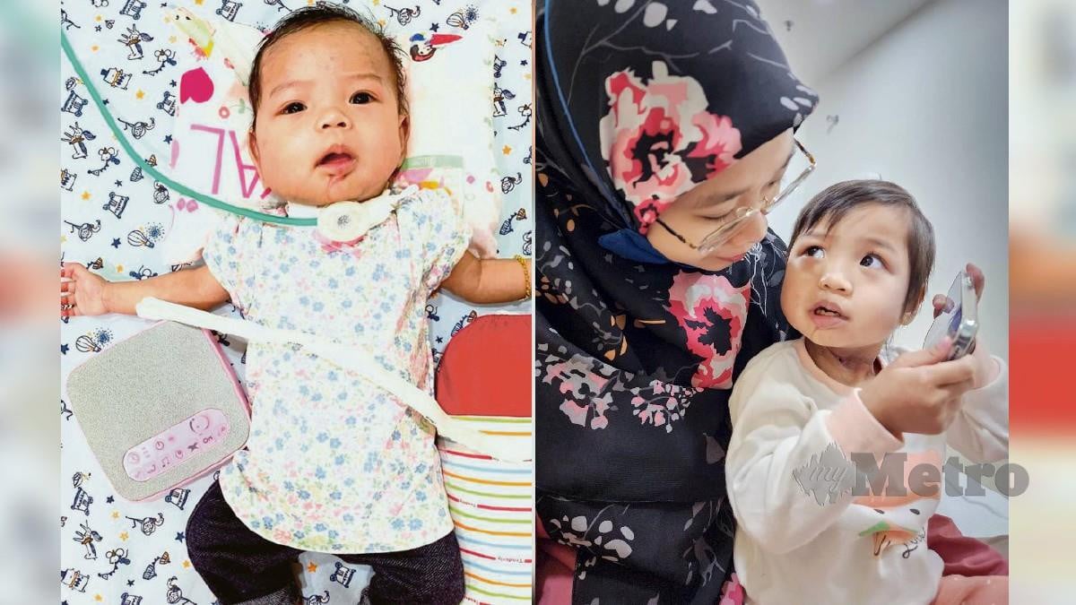 (GAMBAR kiri) Ainul Mardhiah yang perlu memakai tiub pernafasan. (Gambar kanan) Ainul Mardhiah bersama ibunya. FOTO ihsan keluarga