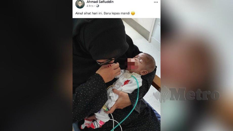 BERITA yang dikongsi Ahmad Safiuddin menerusi laman Facebook mengenai kesihatan anaknya. FOTO Facebook