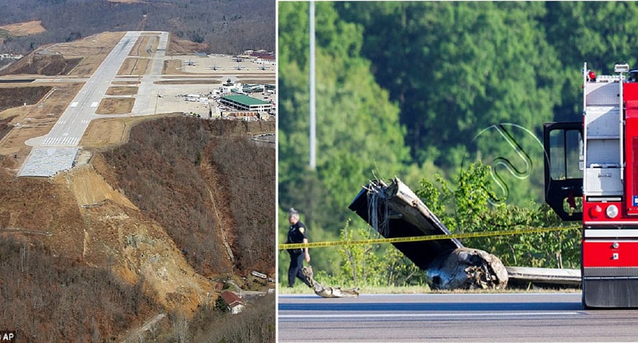 Tanah runtuh yang menjejaskan landasan lapangan terbang di Charleston pada 2015. Gambar kanan, polis berjalan berhampiran komponen pesawat di tepi landasan. - Foto AP
