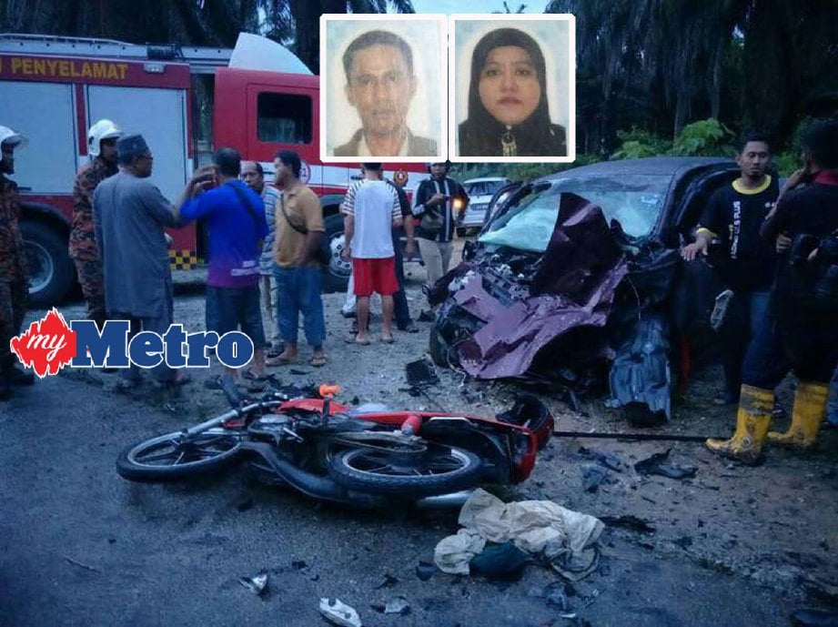 MOHD Fadzil dan Julaiha maut dalam kemalangan di Kilometer 24, Bukit Tiga, Jalan Mawai-Kuala Sedili, petang semalam. FOTO ihsan PDRM