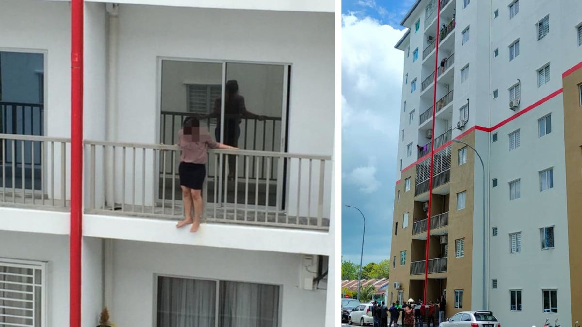 TINDAKAN wanita yang ingin cuba terjun berdiri di balkoni di tingkat enam. FOTO ihsan pembaca