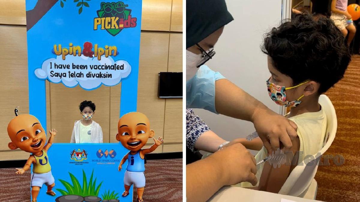 Anak bongsu Khairy Jamaluddin menerima dos pertama vaksin Covid-19 di WTC Kuala Lumpur, hari ini. Foto Ihsan Twitter Khairy Jamaluddin