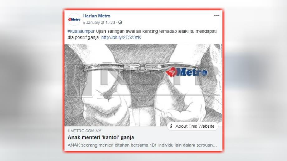 LAPORAN portal berita Harian Metro pada 5 Januari lalu mengenai anak Mat Sabu yang ditahan kerana positif ganja di pusat hiburan di Jalan Ampang. 