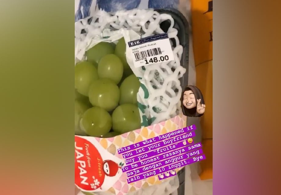 Ruhainies memuat naik video anggur yang dibeli dengan harga RM148 untuk 600 gram. FOTO Instagram Ruhainies