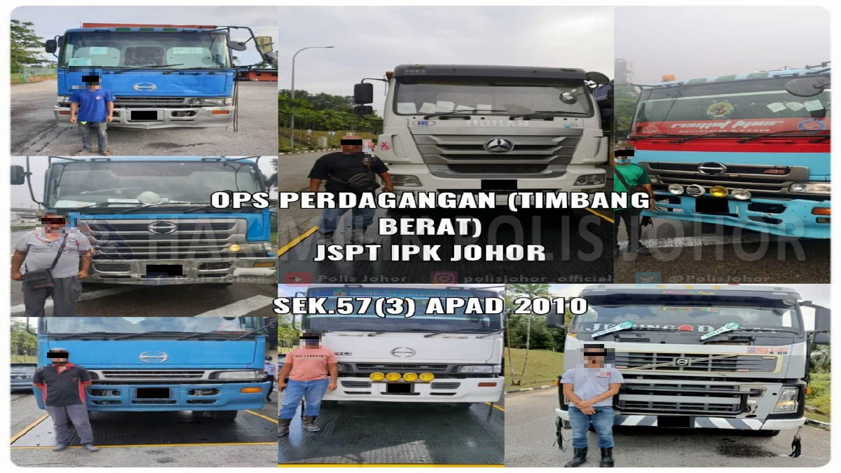 POLIS menahan tujuh lori 'tipper' menerusi Op Perdagangan yang dijalankan di sekitar bandar raya Johor Bahru. FOTO Ihsan Polis Johor