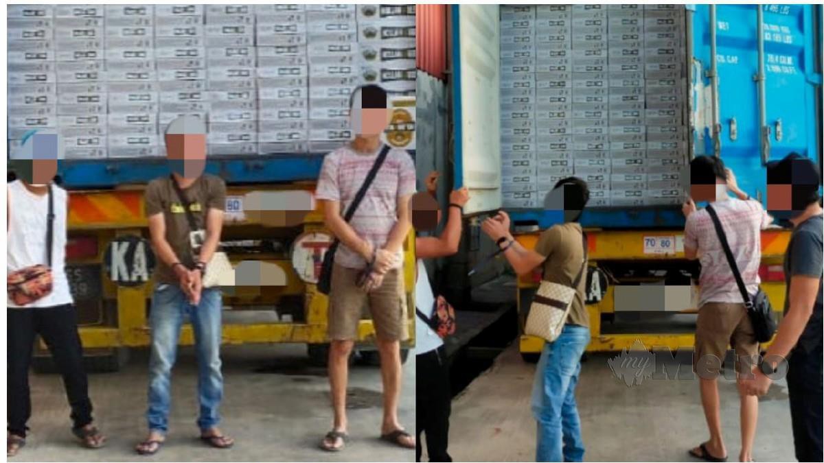 TIGA lelaki ditahan dan lori kontena membawa muatan minuman keras tanpa cukai dirampas. FOTO Ihsan PGA Sabah