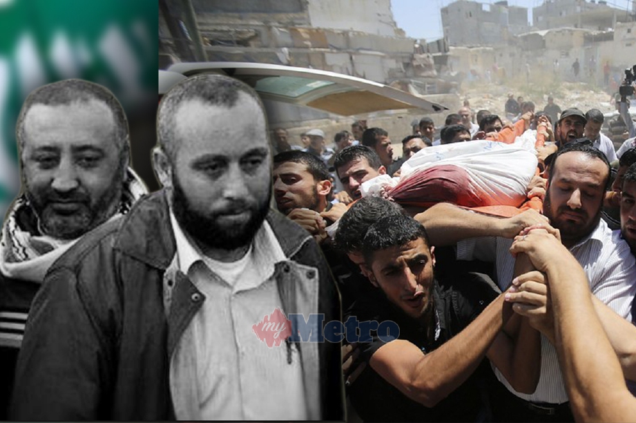 Mohammed Abu Shamlah (kiri) dan Raed Attar (kanan). Gambar kanan, penduduk Palestin mengusung jenazah Mohammed Abu Shamlah untuk dikebumikan. - Foto Fail (Reuters)